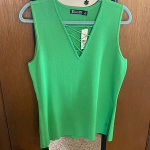Gorgeous green sleeveless top with criss cross V neck, NY&CO